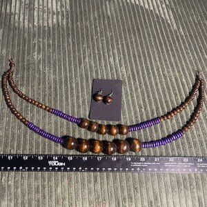 Purple and Brown Wooden Bead Necklace & Earrings Set